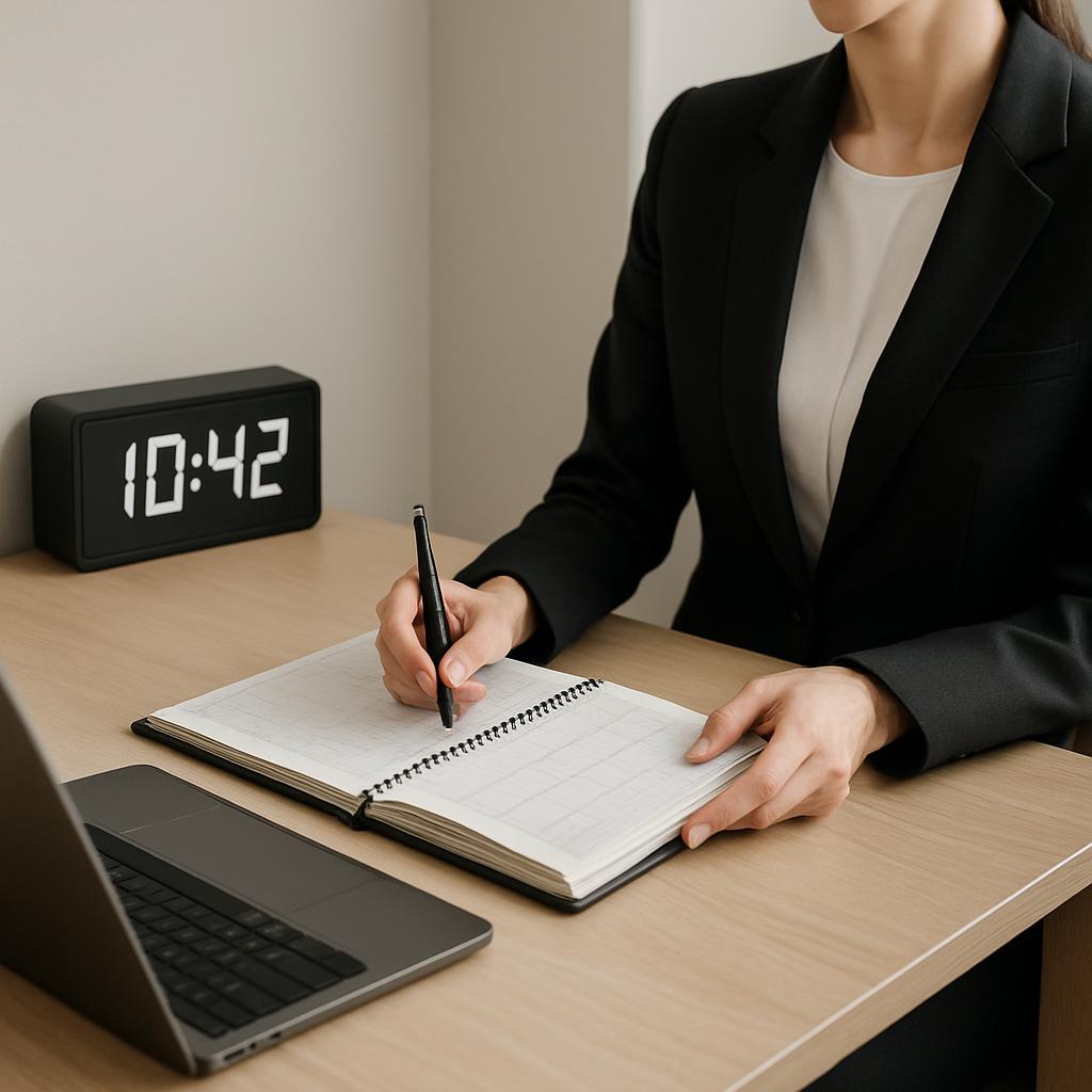 A woman in a black business suit at a desk writing in a notebook with an open, laptop computer before her and a black digi...
